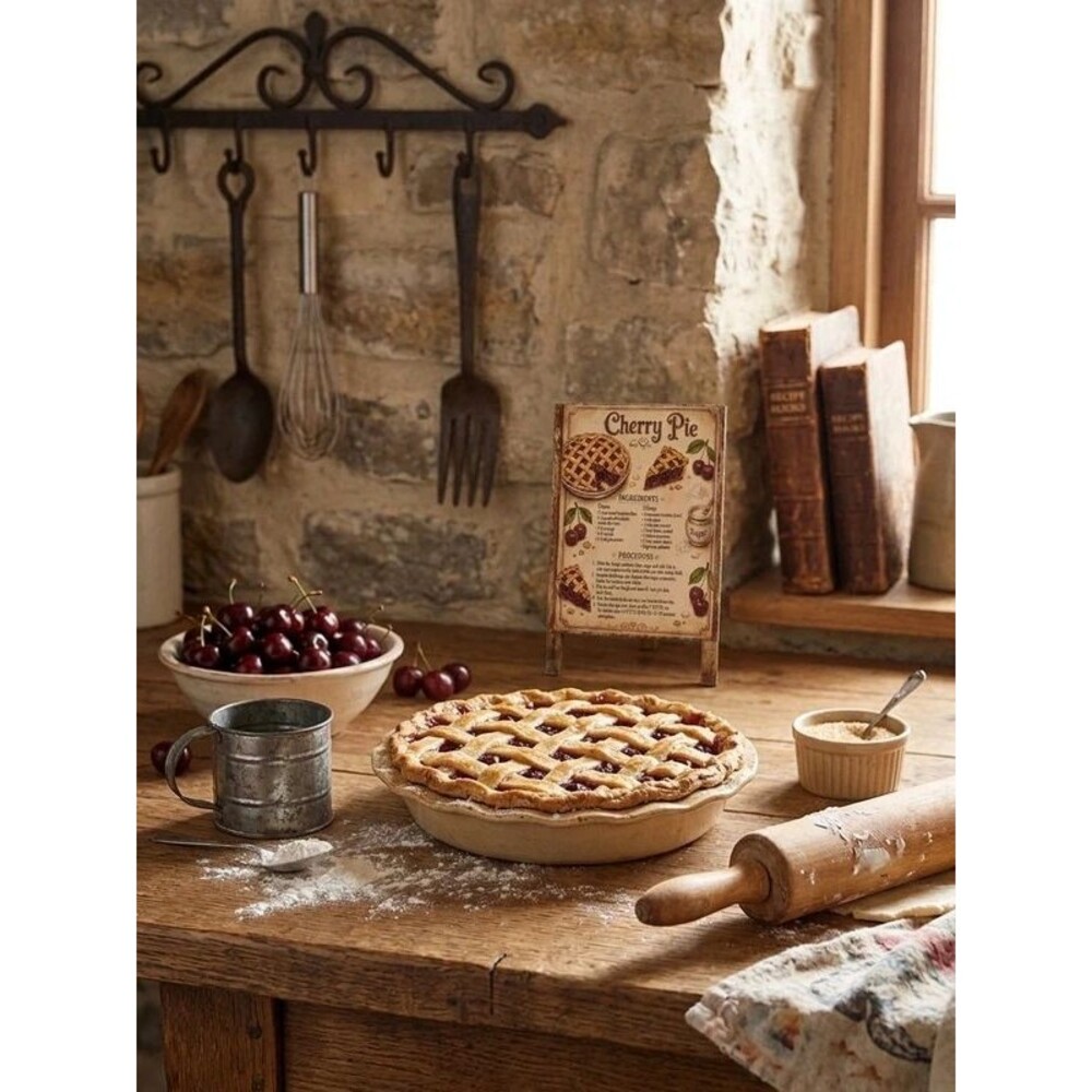 Handcrafted Cherry Pie recipe on a stand